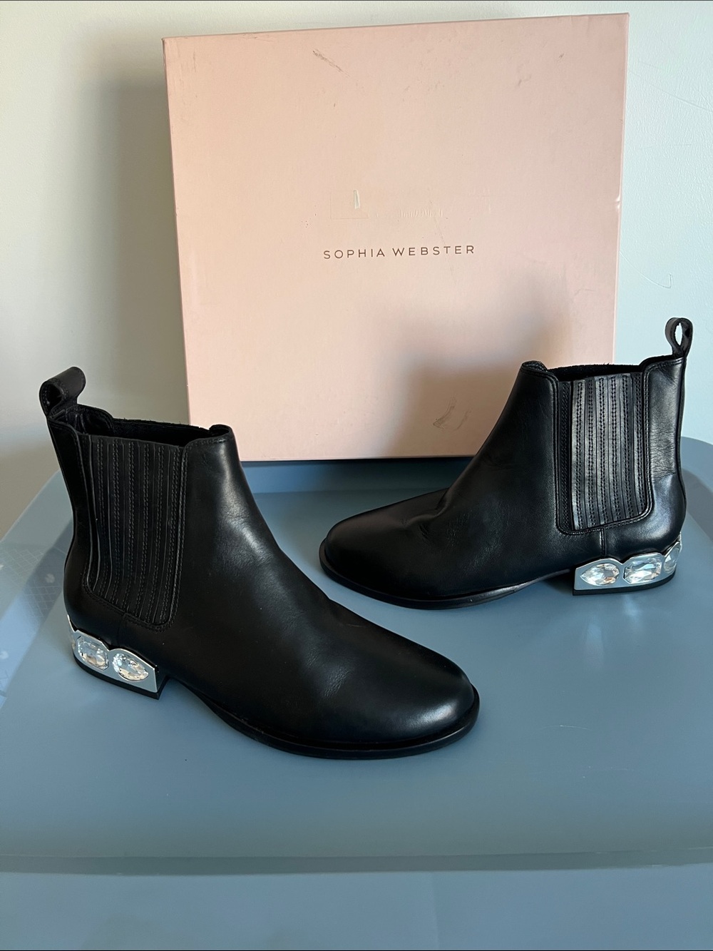 Sophia Webster bessie silver crystal chelsea ankle boots booties black leather